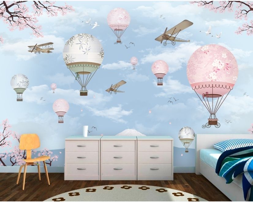 Cherry Blossom with Soft Hot Air Balloon Wallpaper Mural main product photo