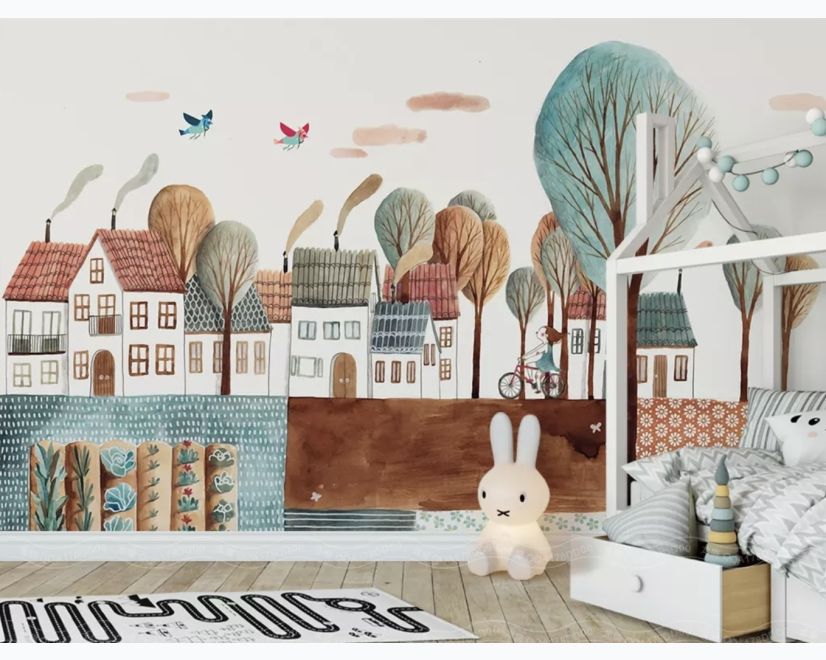 Cartoon Abstract Village Landscape Wallpaper Mural main product photo