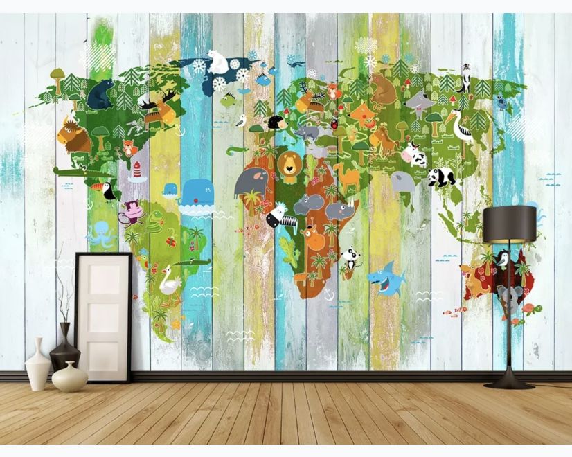 Kids World Map on the Colorful Wood Wallpaper Mural main product photo