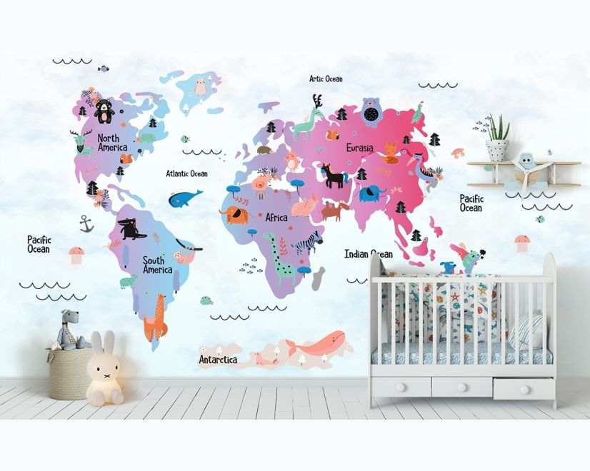 Colorful World Map with Cartoon Animals Wallpaper Mural main product photo