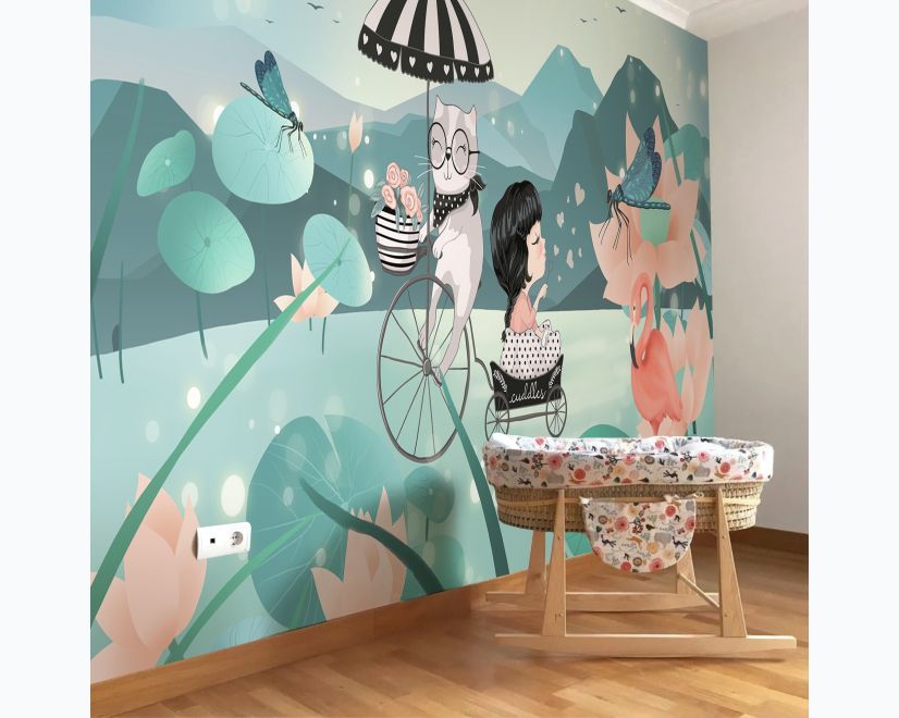 Cute Little Girl with Cat and Pink Lotus Cartoon Wallpaper Mural for Girls Room main product photo
