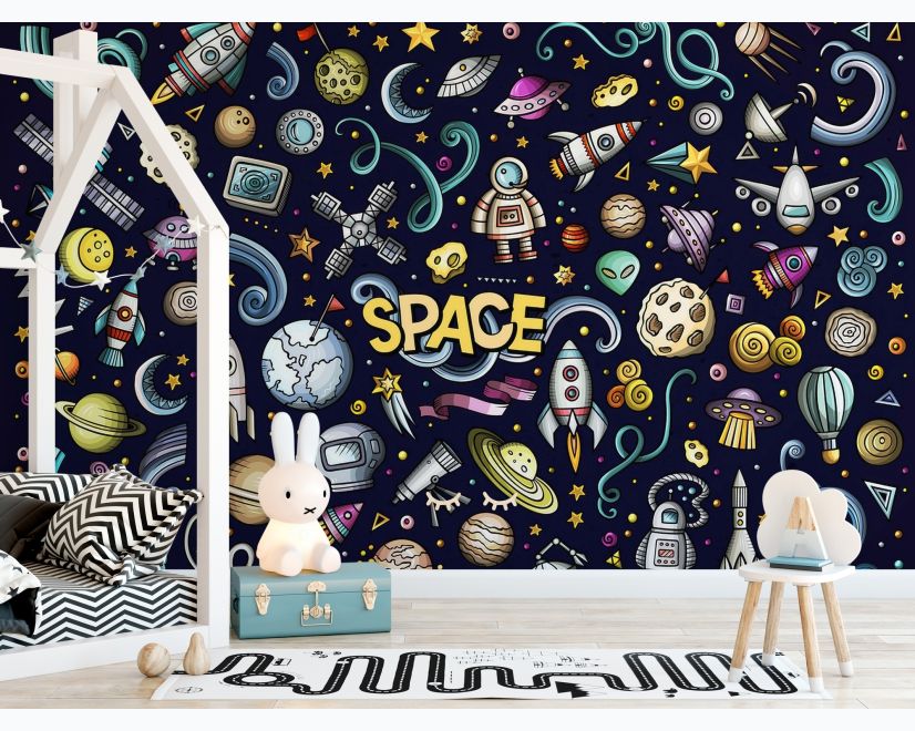 Kids Cartoon Space with Astronaut and Colorful Planets Wallpaper Mural main product photo