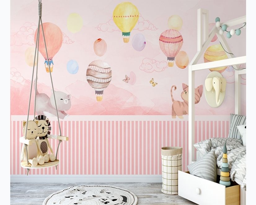 Watercolor Pink Sky with Cute Cat and Hot Air Balloon Wallpaper Mural main product photo