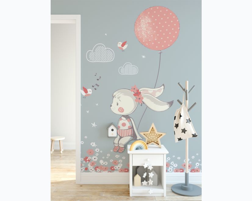 The Rabbit Girl with Pink Balloon and Little Flowers Wallpaper Mural main product photo