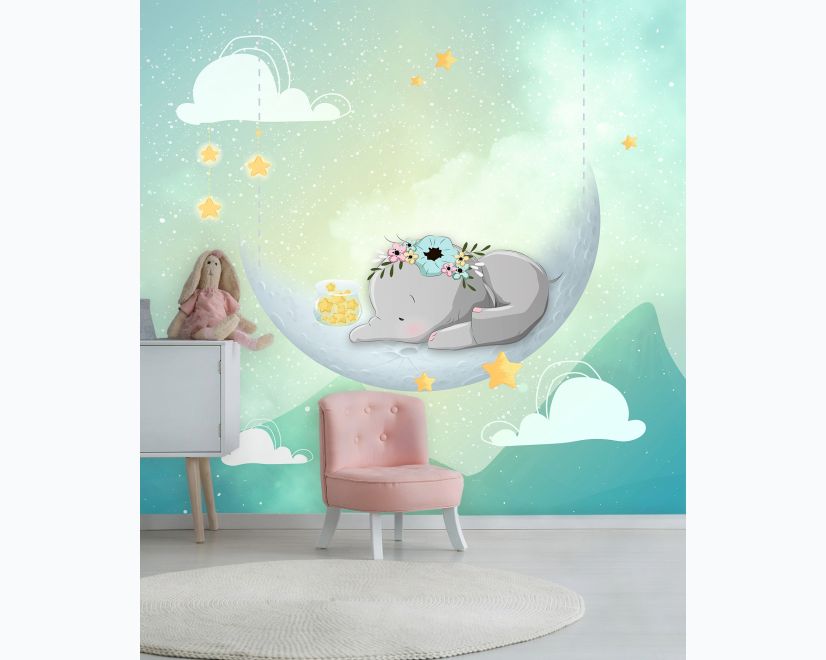 Watercolor Cute Elephant with Moon Wallpaper Mural main product photo