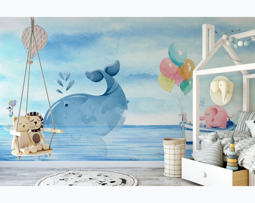 Cartoon Sea with Pink Elephant and Whales Wallpaper Mural main product photo