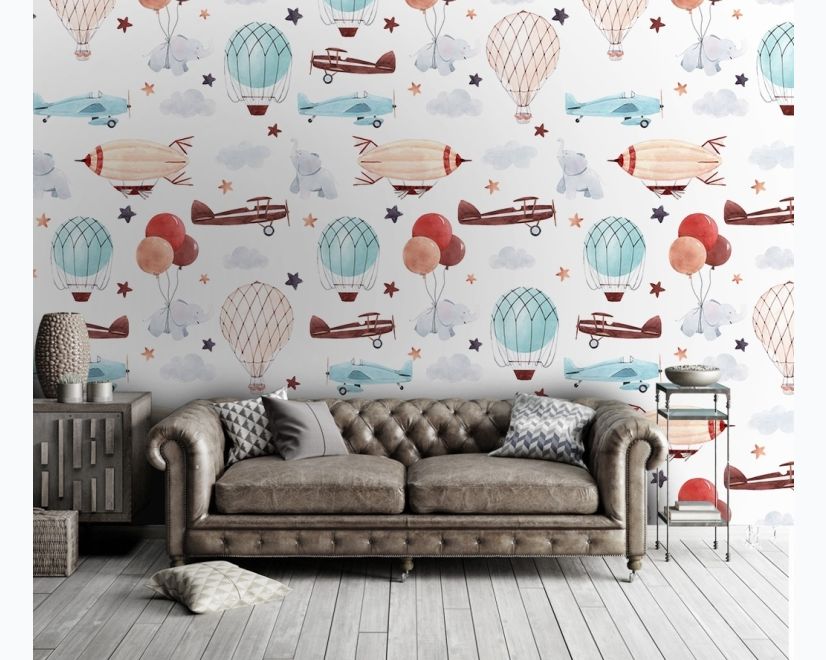 Kids Vintage Hot Air Balloon and Aircraft Pattern Wallpaper Mural main product photo