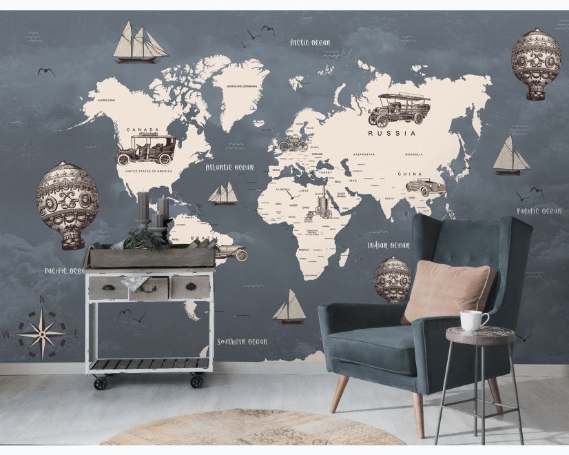 Kids Gray World Maps with Vintage Hot Air Balloon and Cars Wallpaper Mural main product photo