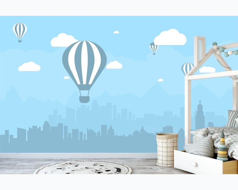 Hot Air Balloon and Blue City Landscape Wallpaper Mural main product photo