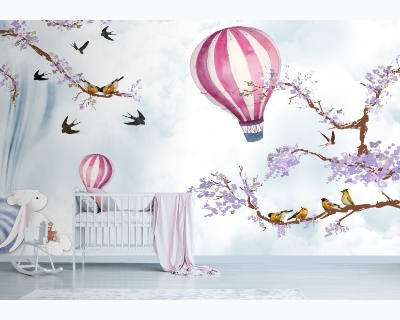 Kids Hot Air Balloon with Purple Blossom Wallpaper Mural main product photo