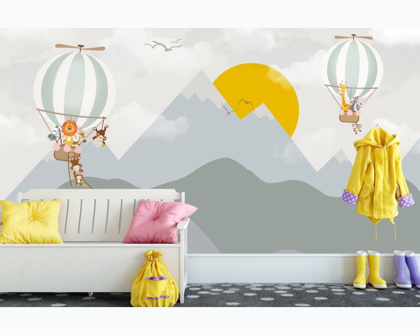 Kids Nursery Mountain Landscape with Hot Air Balloon Wallpaper Mural main product photo