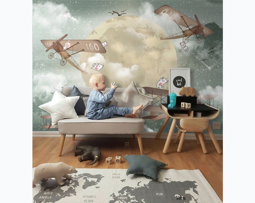 Kids Moon with Aircraft Wallpaper Mural main product photo