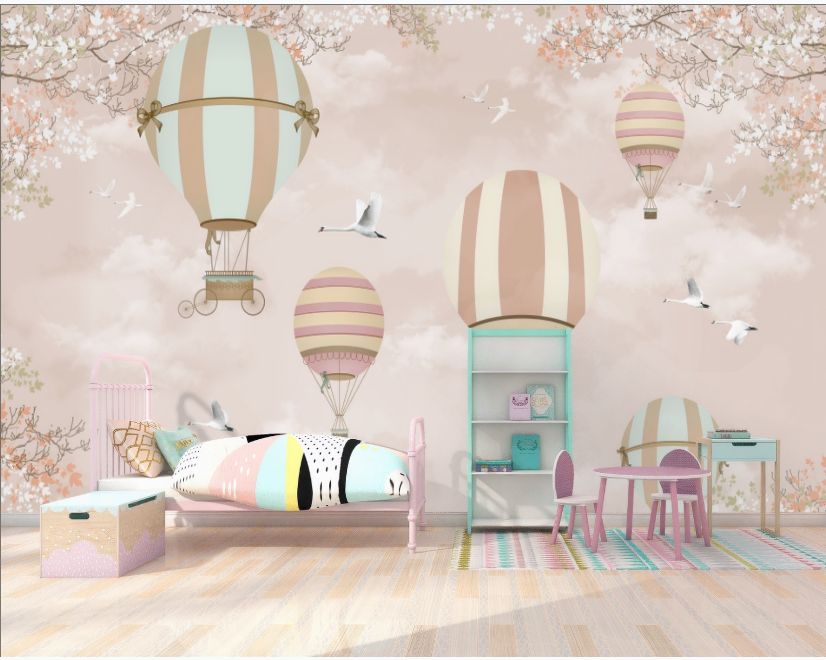Kids Pink Hot Air Balloon and Cherry Blossom Wallpaper Mural main product photo