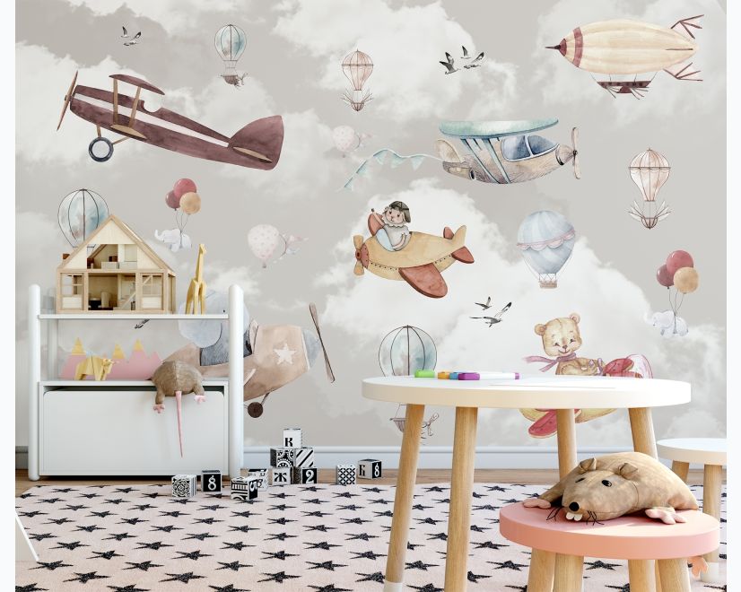 Nursery Cartoon Animals Flying with Aircraft Wallpaper Mural main product photo