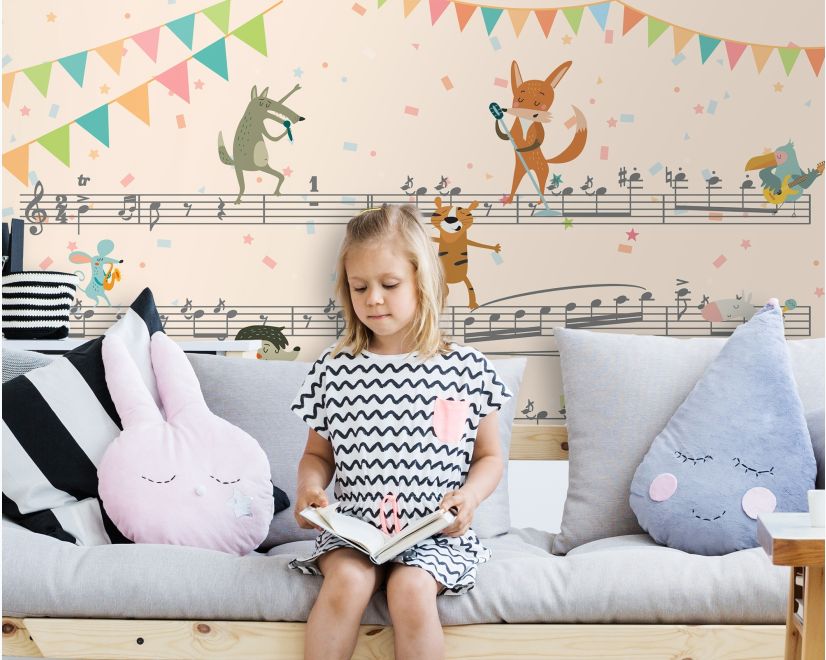Cartoon Animals on Music Notes Wallpaper Mural main product photo