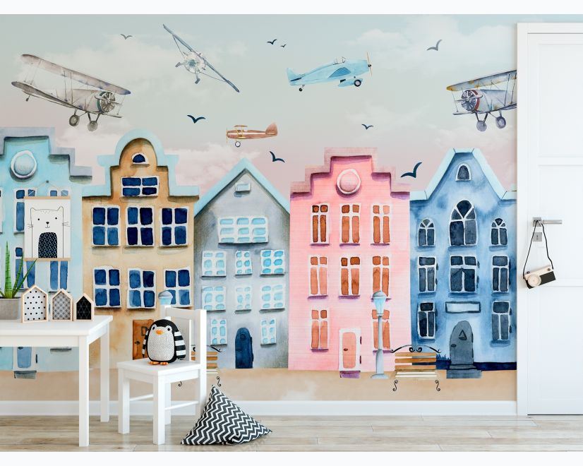 Helicopters on Colorful Amsterdam Style Houses Wallpaper Mural main product photo
