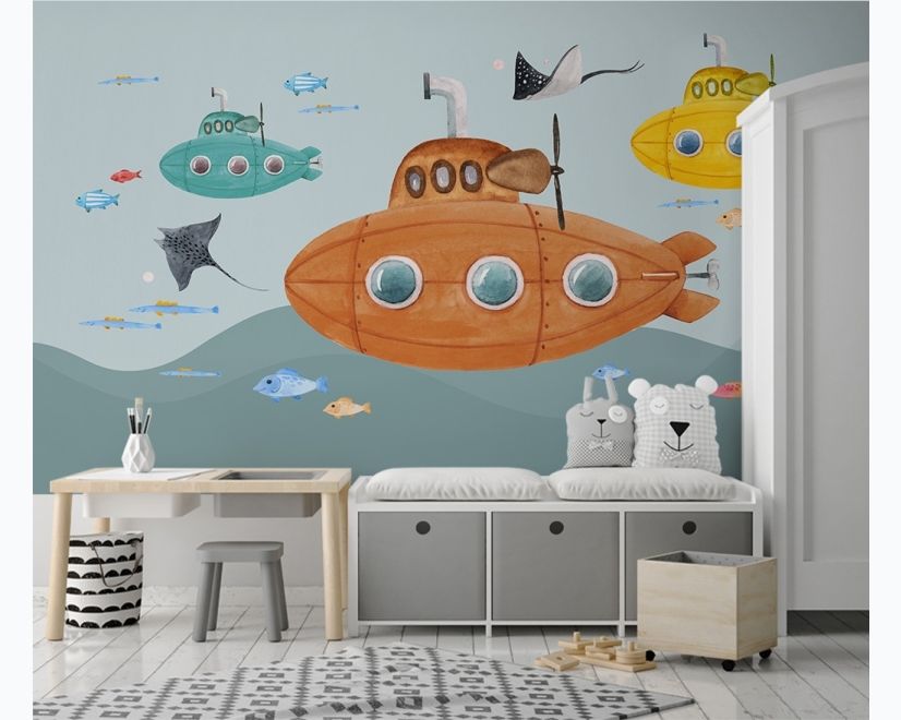 Kids Boys Watercolor Underwater with Submarine Wallpaper Mural main product photo