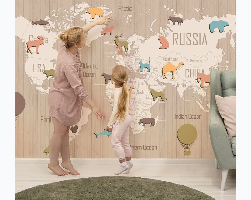 Kids Wooden Style World Map with Colorful Animal Silhouette Wallpaper Mural main product photo