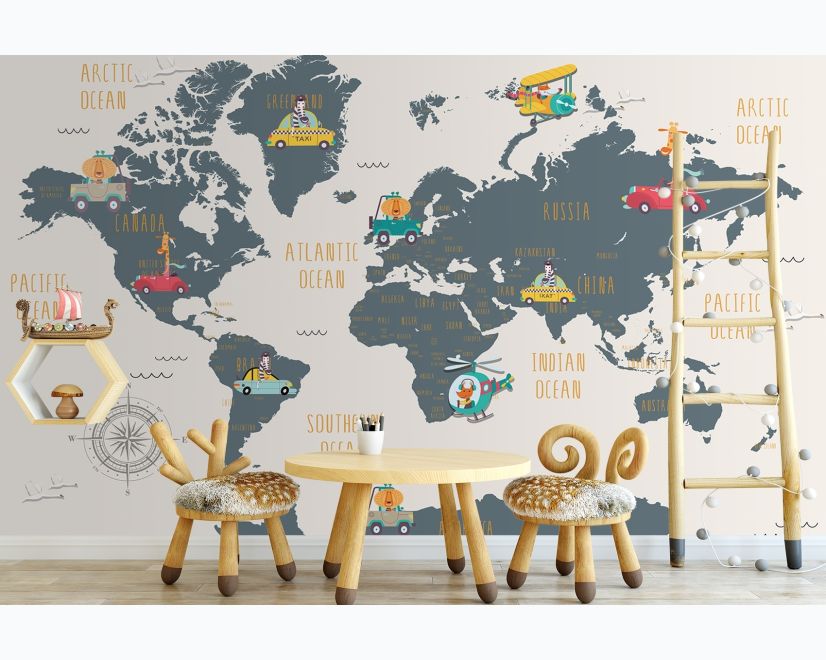 Kids World Map with Animals and Little Cars Wallpaper Mural main product photo