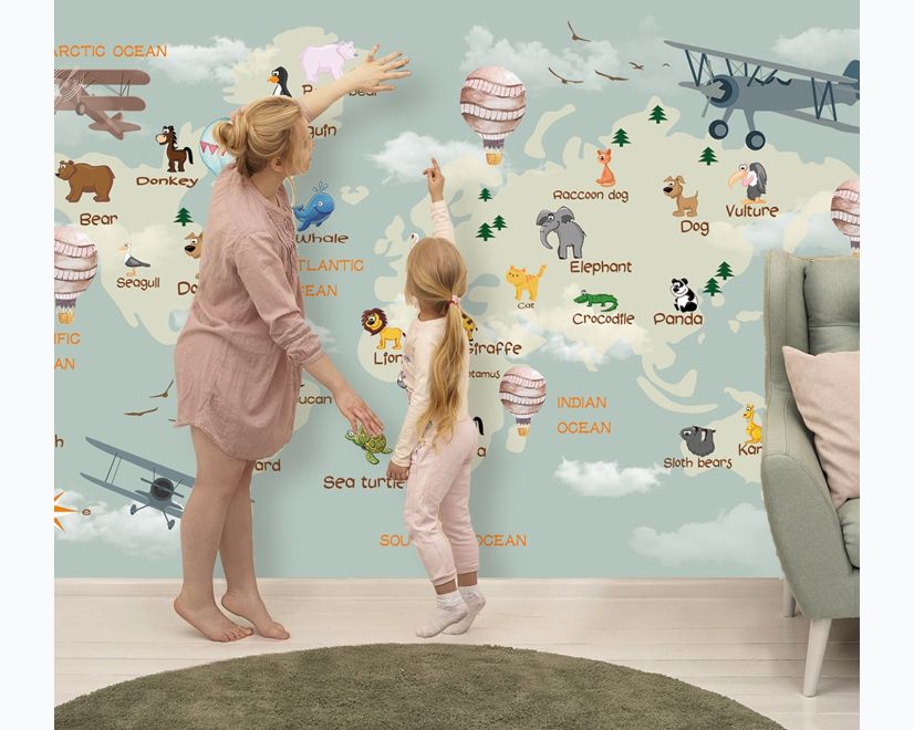 Kids World Map with Animals Wallpaper Mural main product photo
