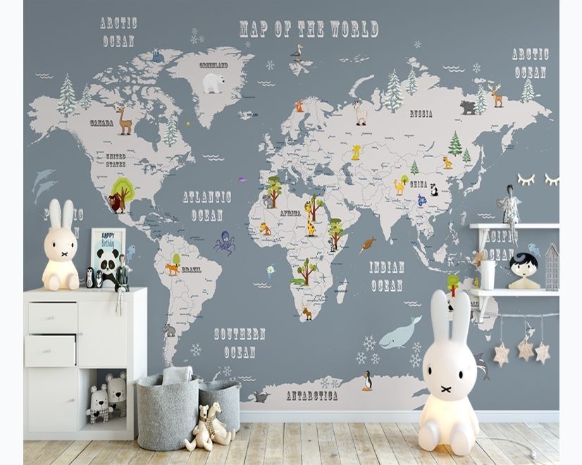 Kids Boys Kids World Map with Animals Wallpaper Mural main product photo