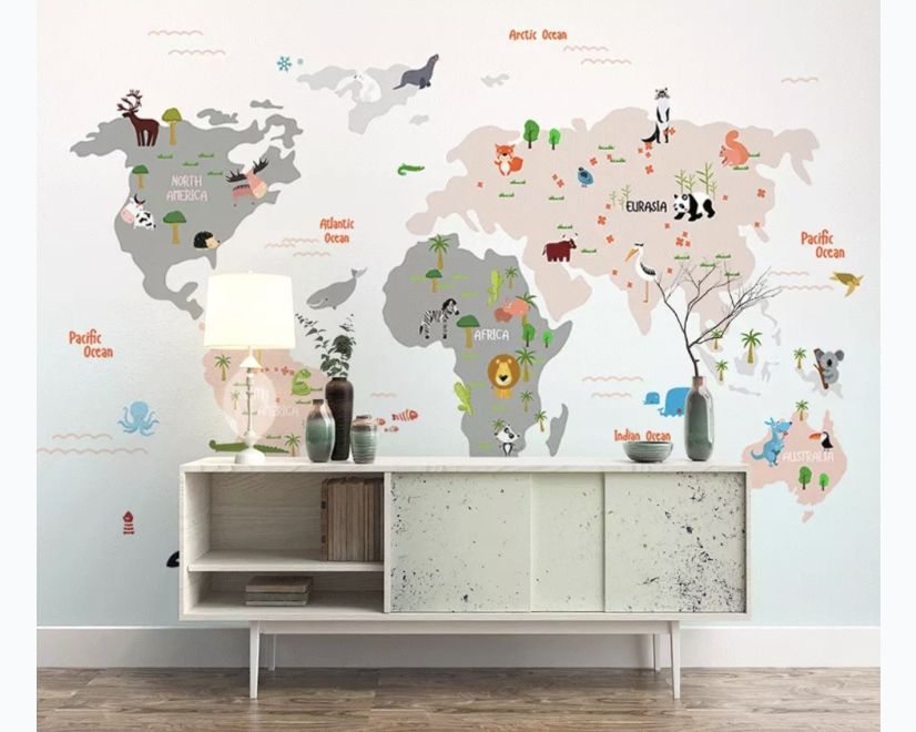 Colorful Kids World Map with Cartoon Animals Wallpaper Mural main product photo