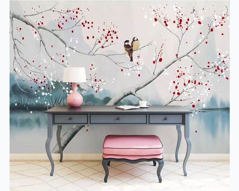 Watercolor Lake Landscape with Birds Wallpaper Mural main product photo