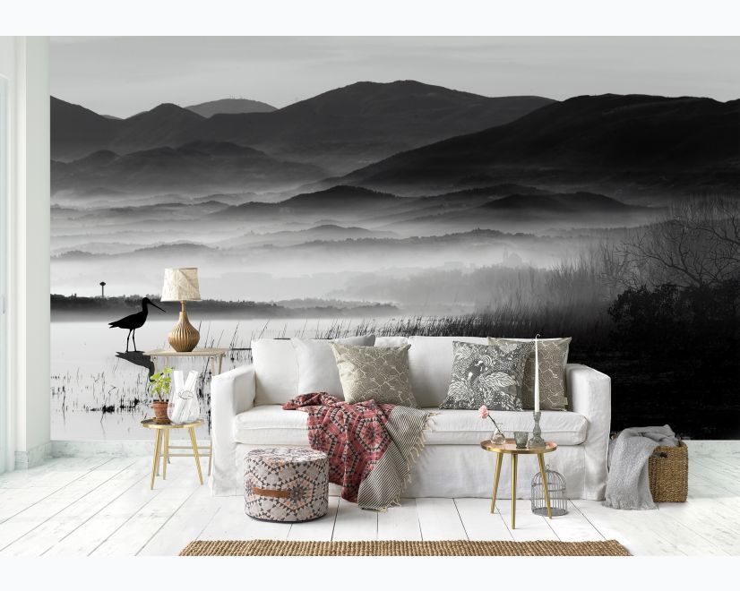 Monochrome Dark Lake Landscape Wallpaper Mural main product photo
