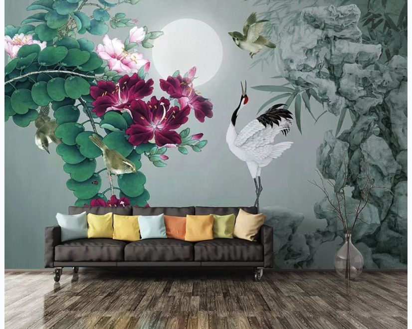 White Stork and Purple Flowers Wallpaper Mural main product photo