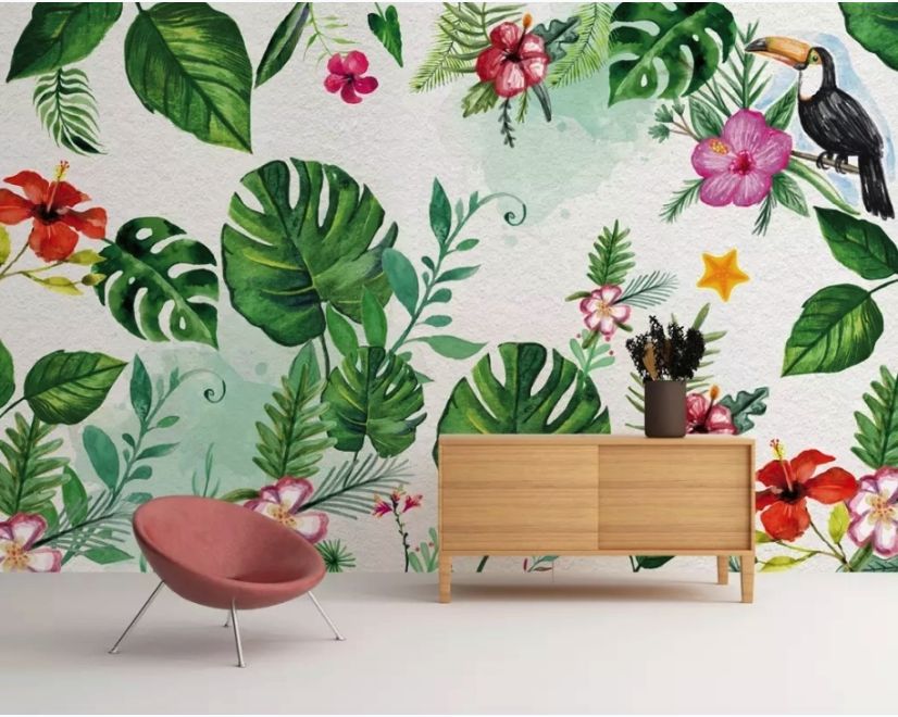 Colorful Mirabilis Flowers and Tropical Leaves Wallpaper Mural main product photo