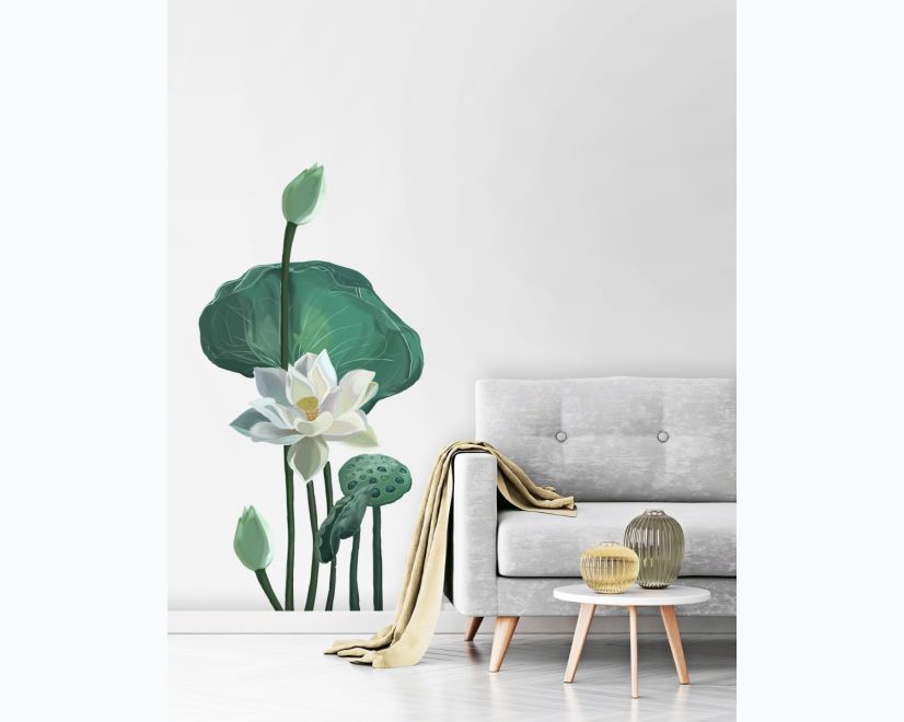 Watercolor White Lotus Floral and Leaves Wall Decal Sticker main product photo