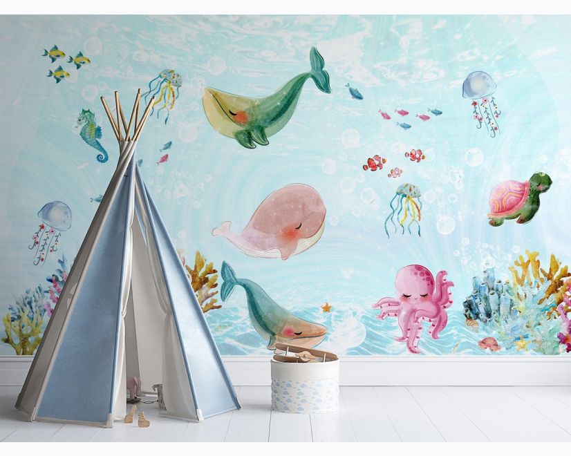 Nursery Cute Sea Animals Wallpaper Mural main product photo