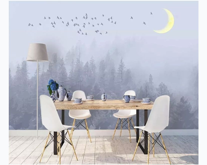 Monochrome Night Forest and Birds Wallpaper Mural main product photo