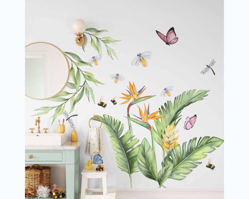 Cute Tropical Leaves and Flowers Wall Decal Sticker main product photo