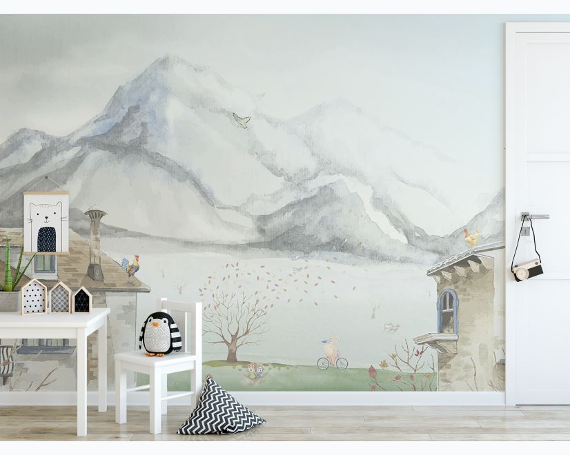 Village Landscape and Snowy Mountain Wallpaper Mural main product photo