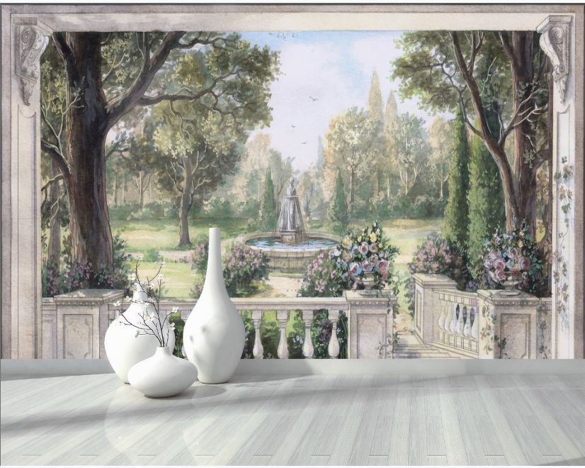 Soft Drawing Forest with Marble Fountain Wallpaper Mural main product photo