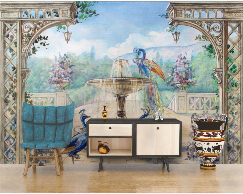Painting Garden with Fountain, Peacock and Roman Column Wallpaper Mural main product photo