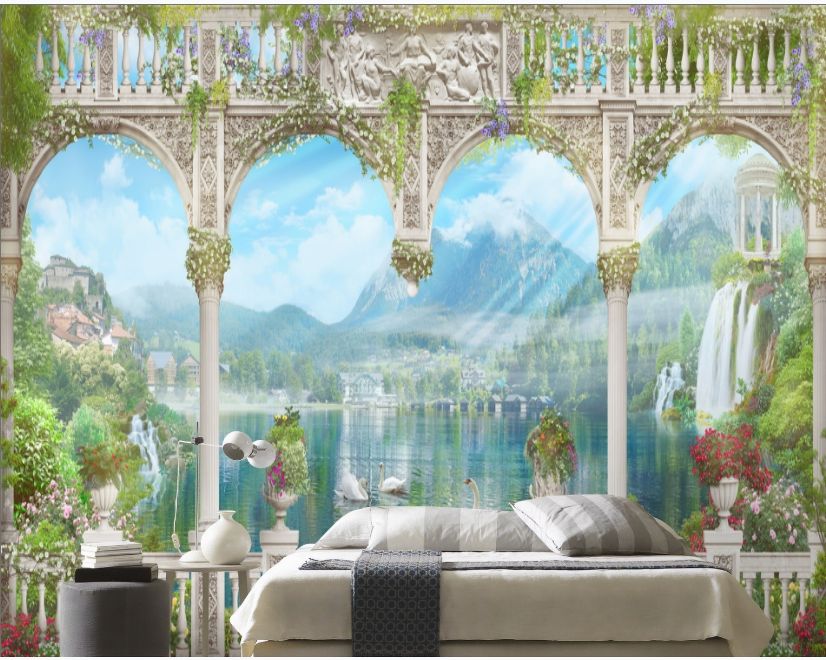 Lake Landscape on the Swan with European Style White Arches Wallpaper Mural main product photo