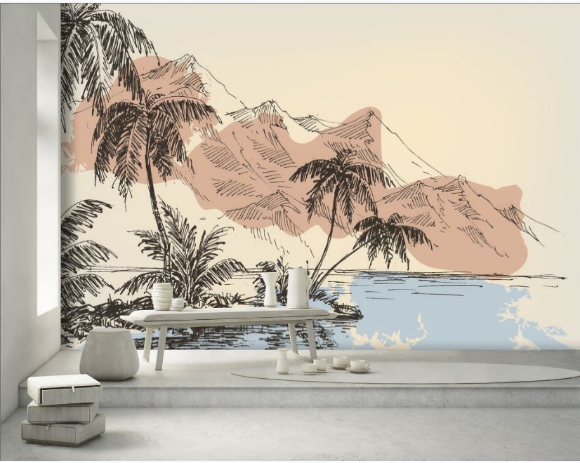 Vintage Charcoal Tropical Palm Tree and Summer Beach Wallpaper Mural main product photo