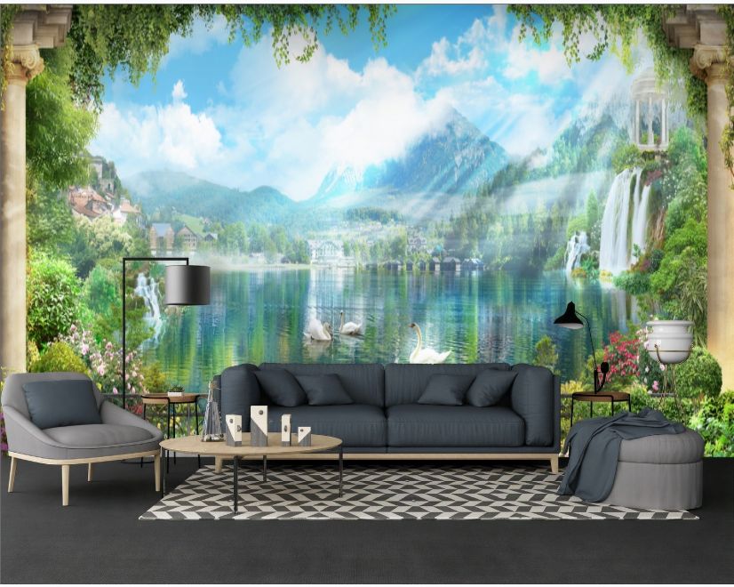 Waterfall and White Swan with Garden Flowers Landscape Wallpaper Mural main product photo