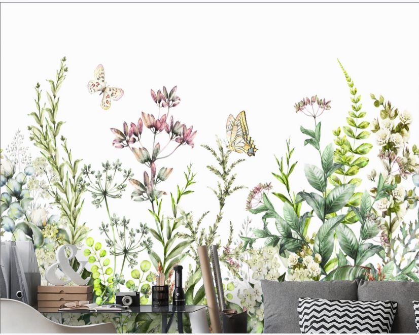 Wild Floral and Green Fresh Leaves Wallpaper Mural main product photo