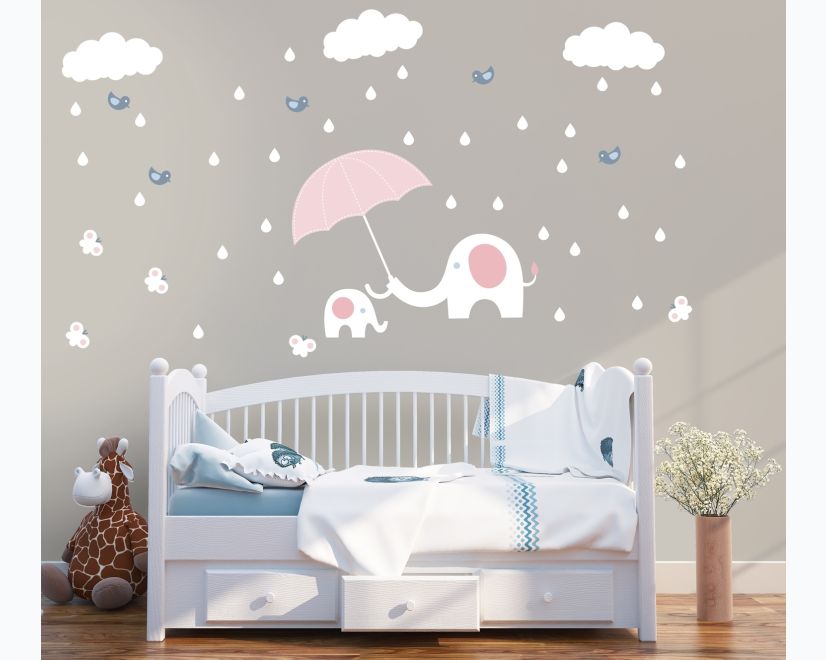 Kids Calf Elephant with White Raindrops and Little Butterfly Wall Decal Sticker main product photo