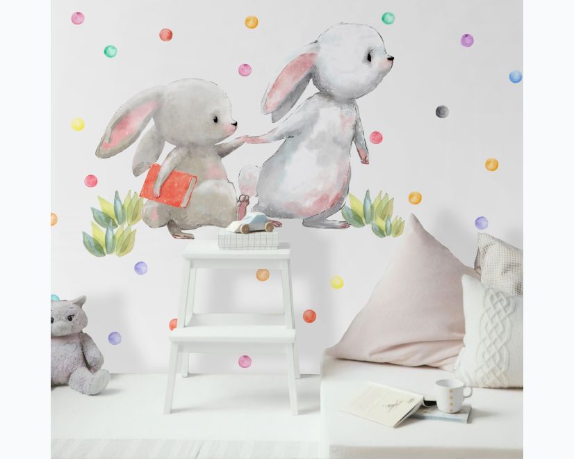 The Cute Bunny Reading Books with Colorful Polka Dots Kids Wall Decal Sticker main product photo