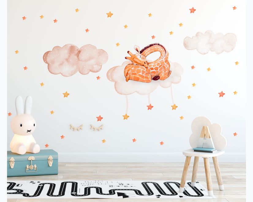 Nursery Watercolor Sleeping Giraffe and Clouds with Little Stars Wall Decal Sticker main product photo