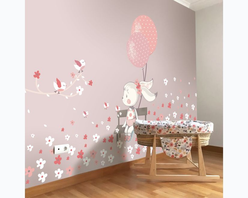 Cute Bunny with Pink Balloons and Little Flowers Wall Decal Sticker main product photo