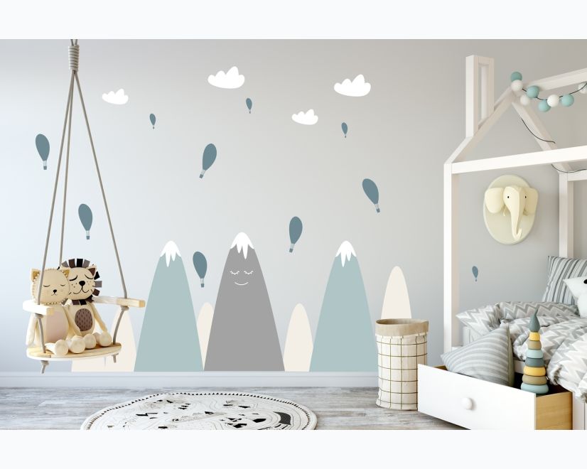 Nursery Soft Blue Gray Mountain Landscape and Little Hot Air Balloons Wall Decal Sticker main product photo