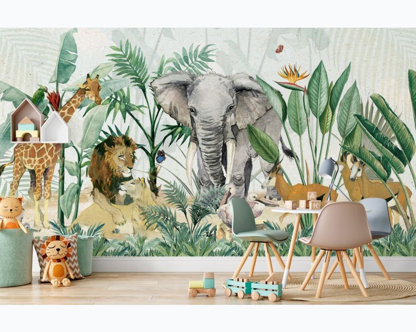 Kids Tropical Safari Animals with Green Leafs Wallpaper Mural main product photo
