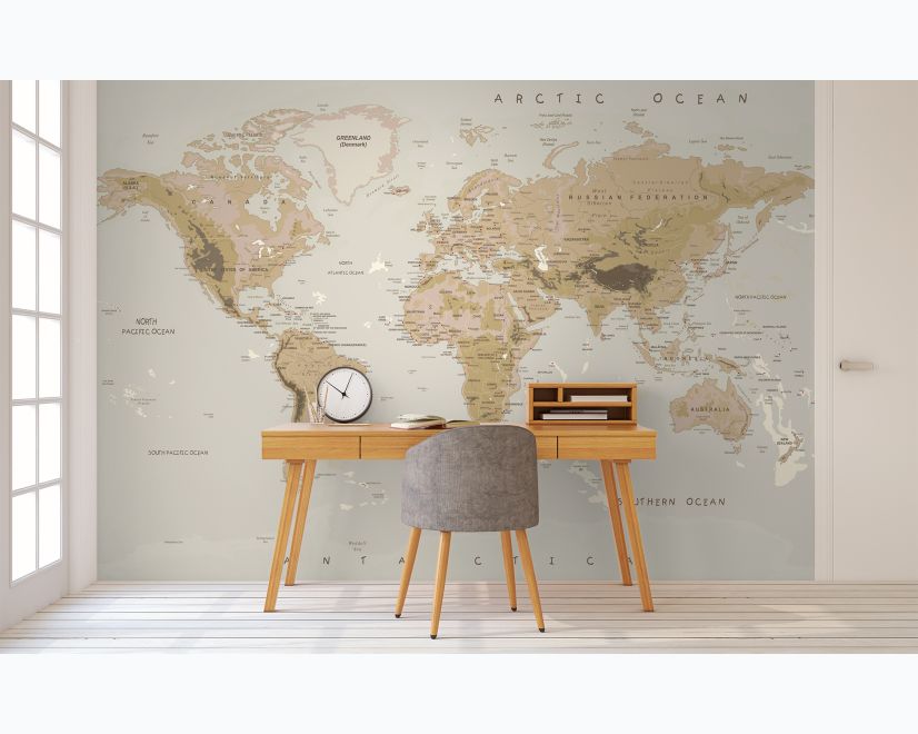 Soft Brown Political World Map Wallpaper Mural main product photo