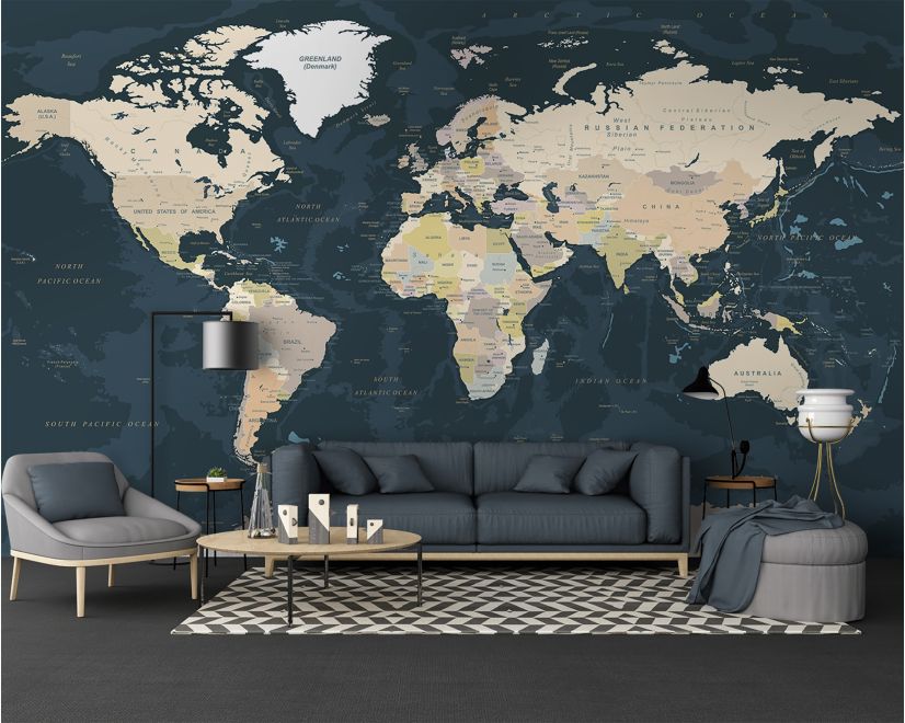 Navy Blue Political World Map Wallpaper Mural main product photo