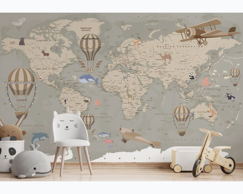 Kids Soft Brown Political World Map with Drawing Animals Wallpaper Mural main product photo